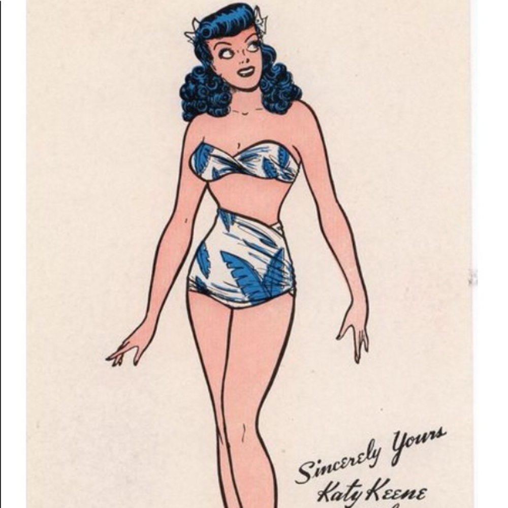🐚Katy Keene Pin Up Tee Tropical Leaf Bikini Navy - Picture 2 of 4